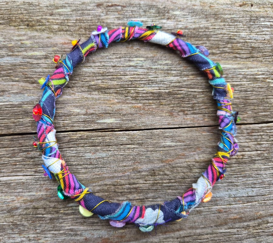Upcycled Fabric and Wrapped Wire and Sequin Bead Bracelet 