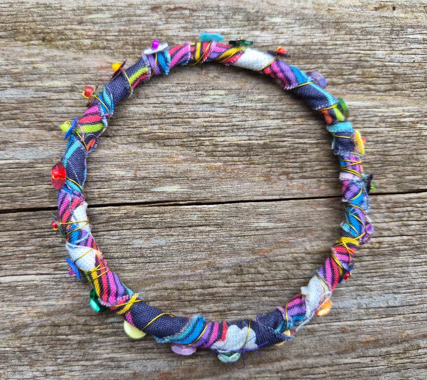 Upcycled Fabric and Wrapped Wire and Sequin Bead Bracelet 