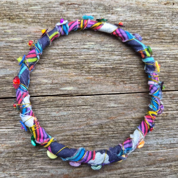 Upcycled Fabric and Wrapped Wire and Sequin Bead Bracelet 