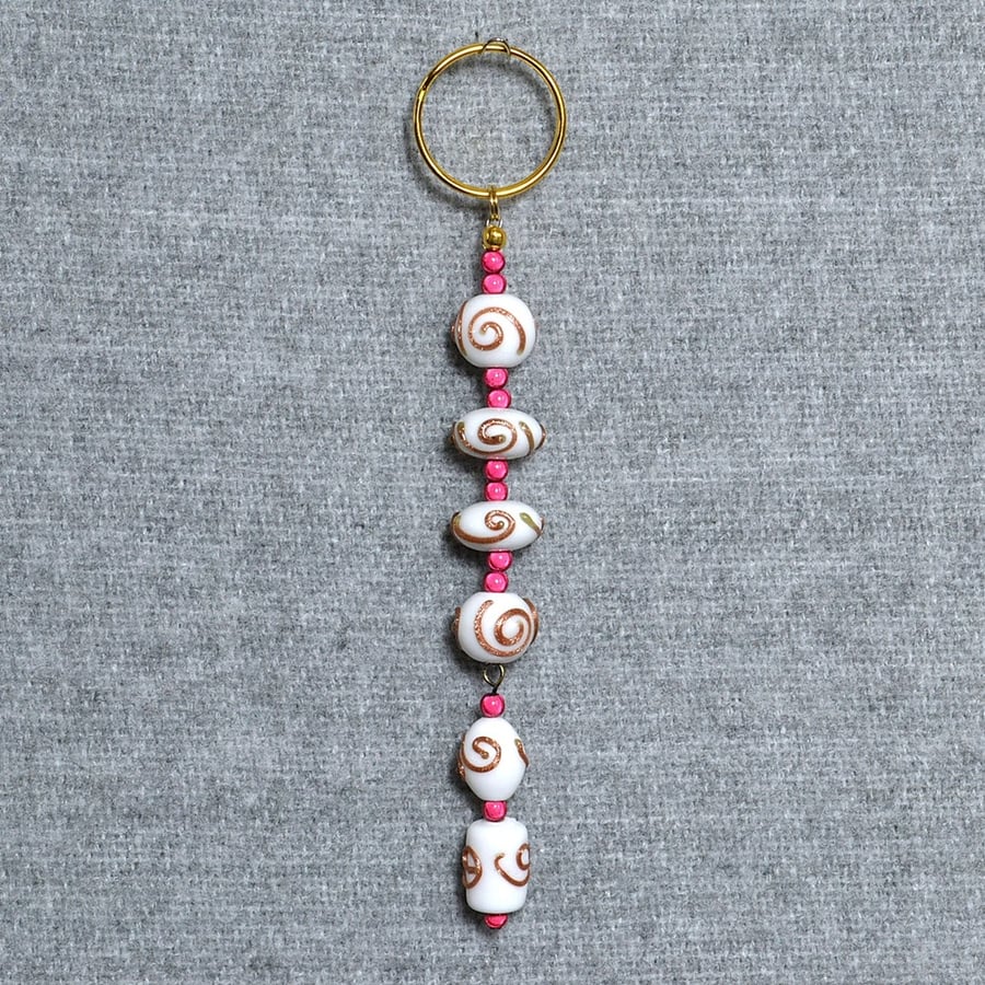 Keyring or Bag Charm – Copper Swirl White Glass and Pink Miracle Beads