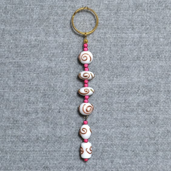 Keyring or Bag Charm – Copper Swirl White Glass and Pink Miracle Beads