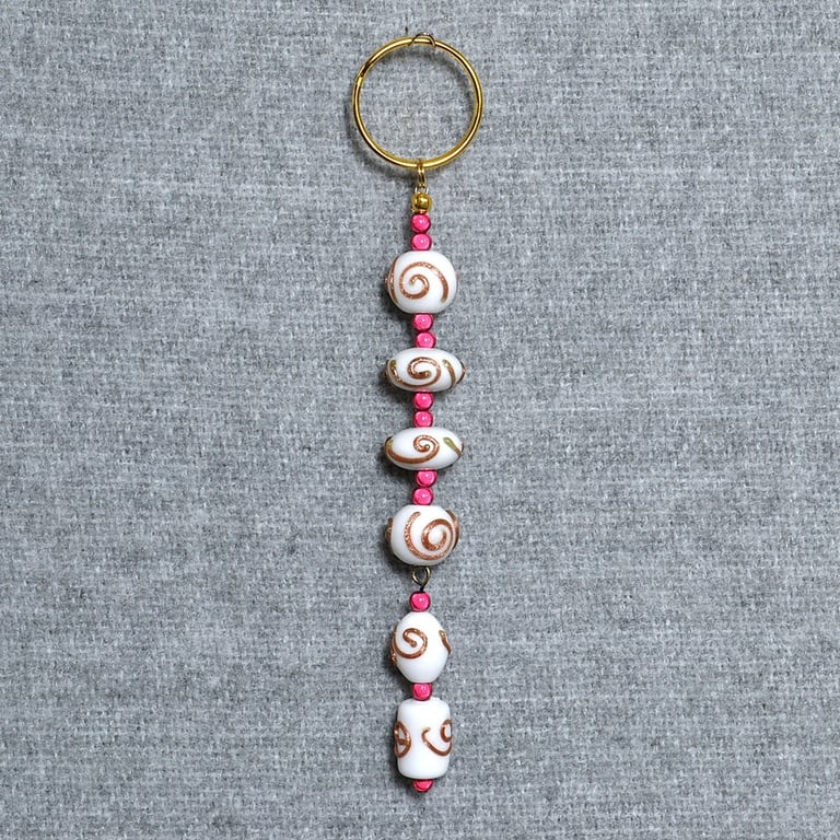 Keyring or Bag Charm – Copper Swirl White Glass and Pink Miracle Beads