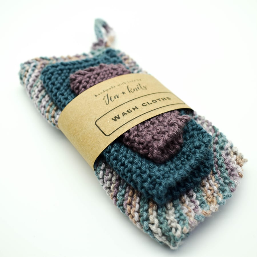 Hand knitted cotton wash cloths - 3 pack - S, M & L- Mauve, Teal and Multicolour