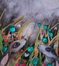 Mounted Whimsical Hares Rabbits under Full Moon Watercolour Print - Image 2