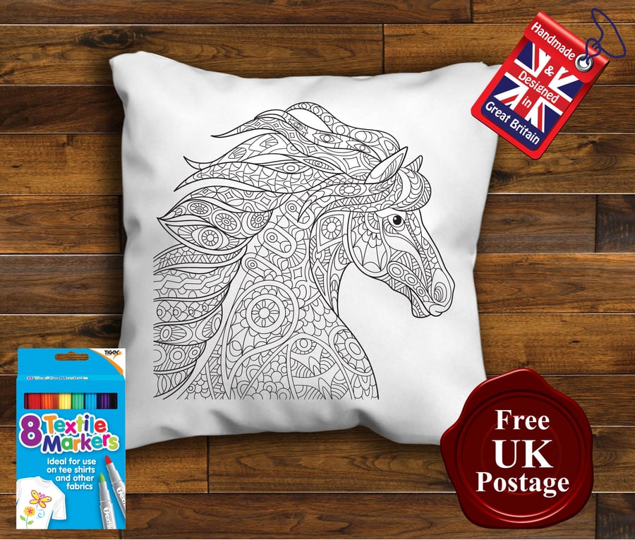 Horse Colouring Cushion Cover, With or Without Fabric Pens Choose Your Size