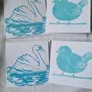 Set of four swan bird notecards handprinted gift idea