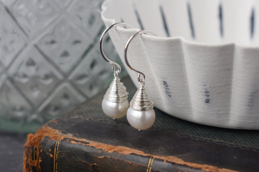 Pearl Wire Wrapped Drop Earrings - Wedding Jewellery for Brides, Bridesmaid Gift
