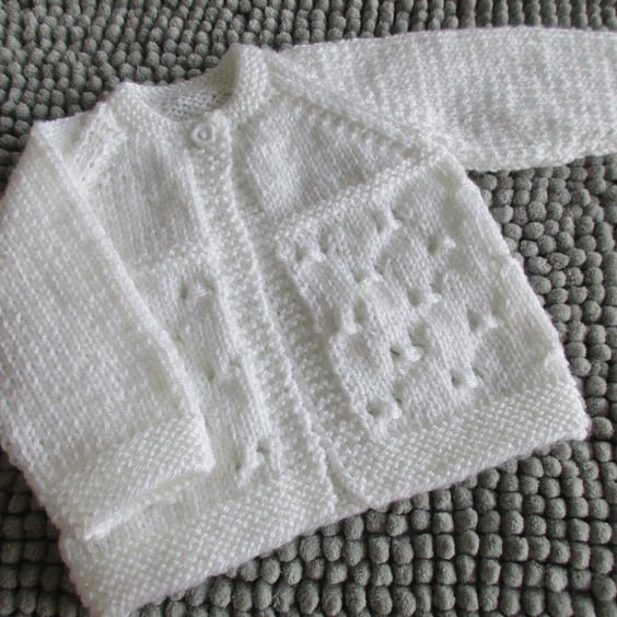 14" Newborn White One Button Eyelet Cardigan 