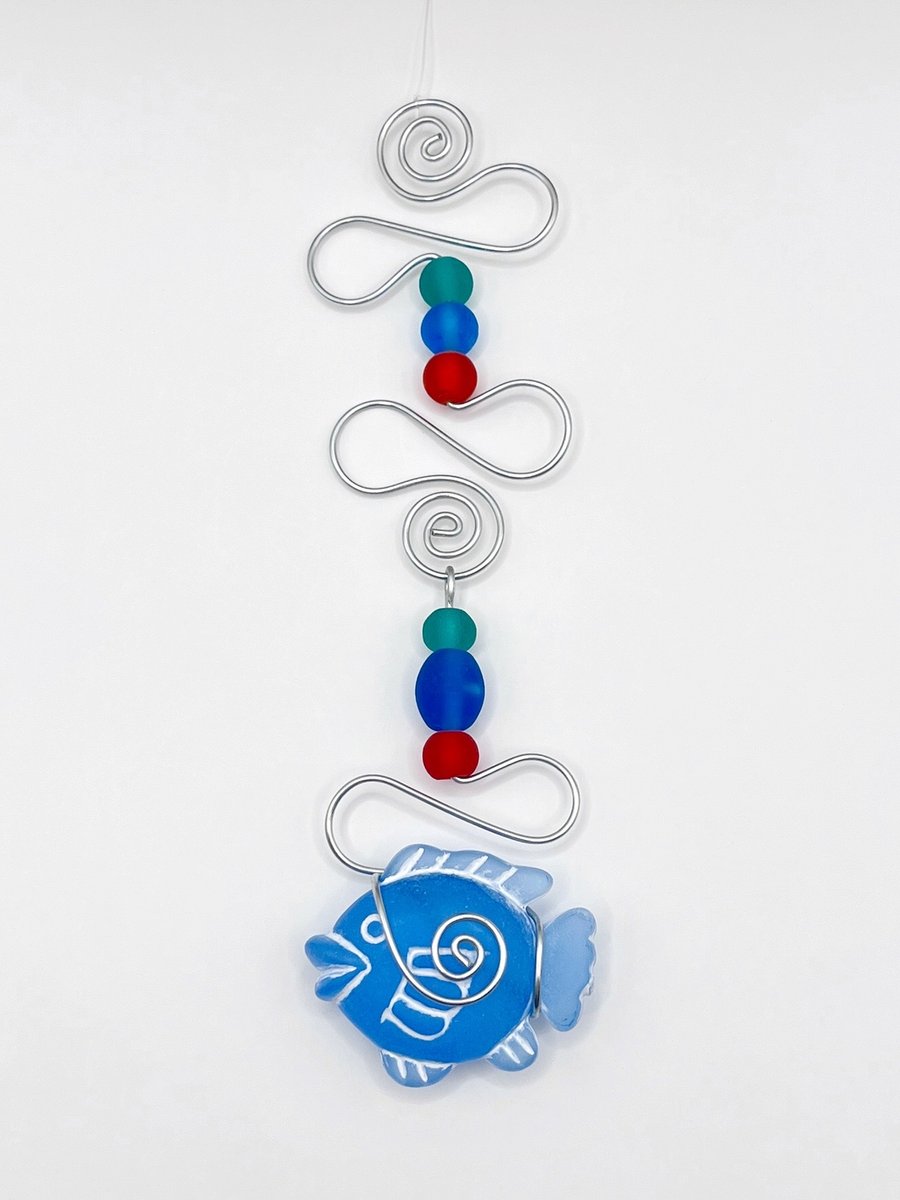 Blue Fish and Wire Mobile with Red and Turquoise Glass Beads