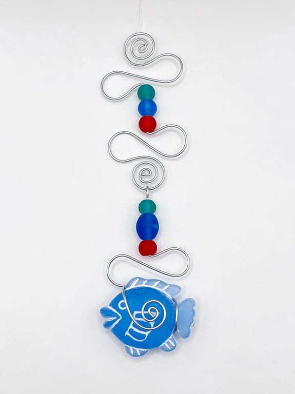 Blue Fish and Wire Mobile with Red and Turquoise Glass Beads