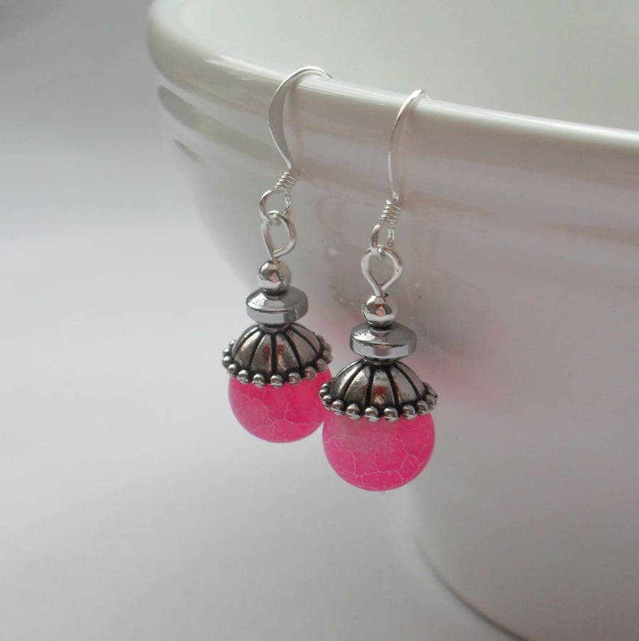 Bright Pink Frosted Agate Drop Earrings 
