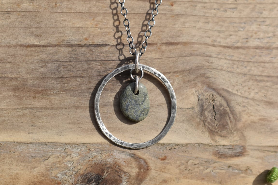 Pebble and Recycled Sterling Silver Necklace, Pendant, Stone Necklace