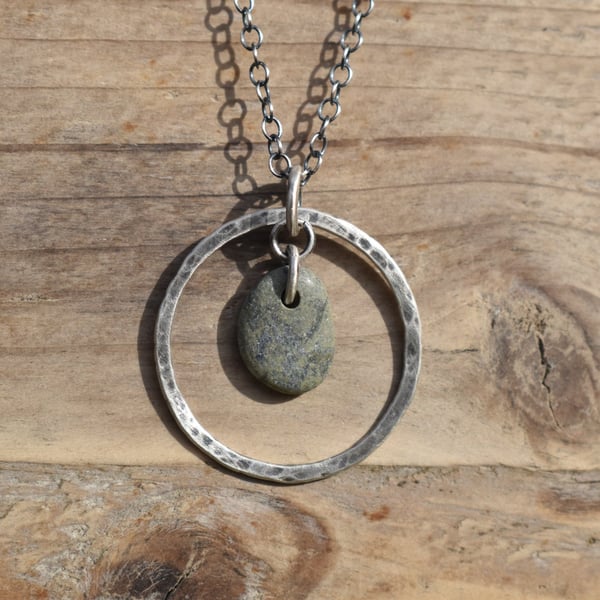 Pebble and Recycled Sterling Silver Necklace, Pendant, Stone Necklace