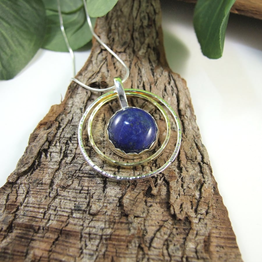 Lapis Lazuli Necklace, Sterling Silver & Brass Circles Spinner Pendant