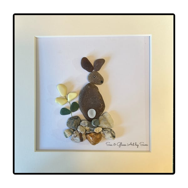 Handmade Sea Glass Bunny Rabbit Picture - Framed 8x8 Nature Inspired Art