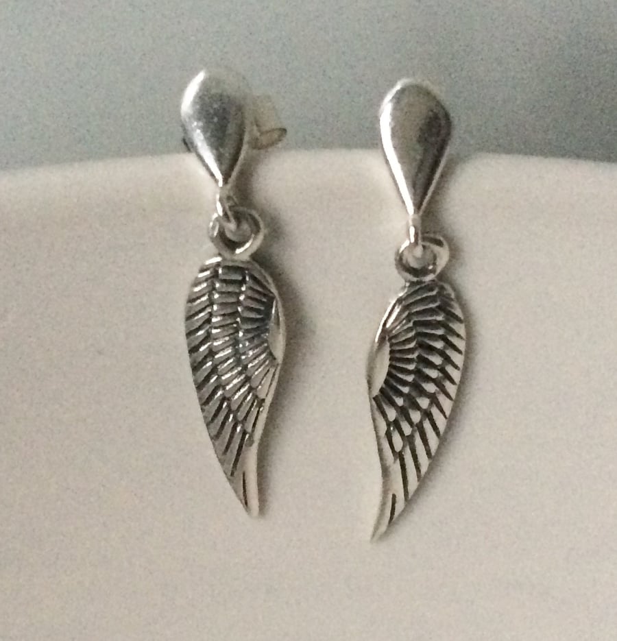Sterling Silver Angel Wing Charm Stud  Dangle Earrings