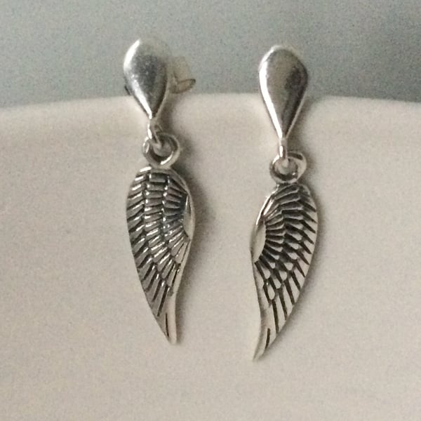 Sterling Silver Angel Wing Charm Stud  Dangle Earrings