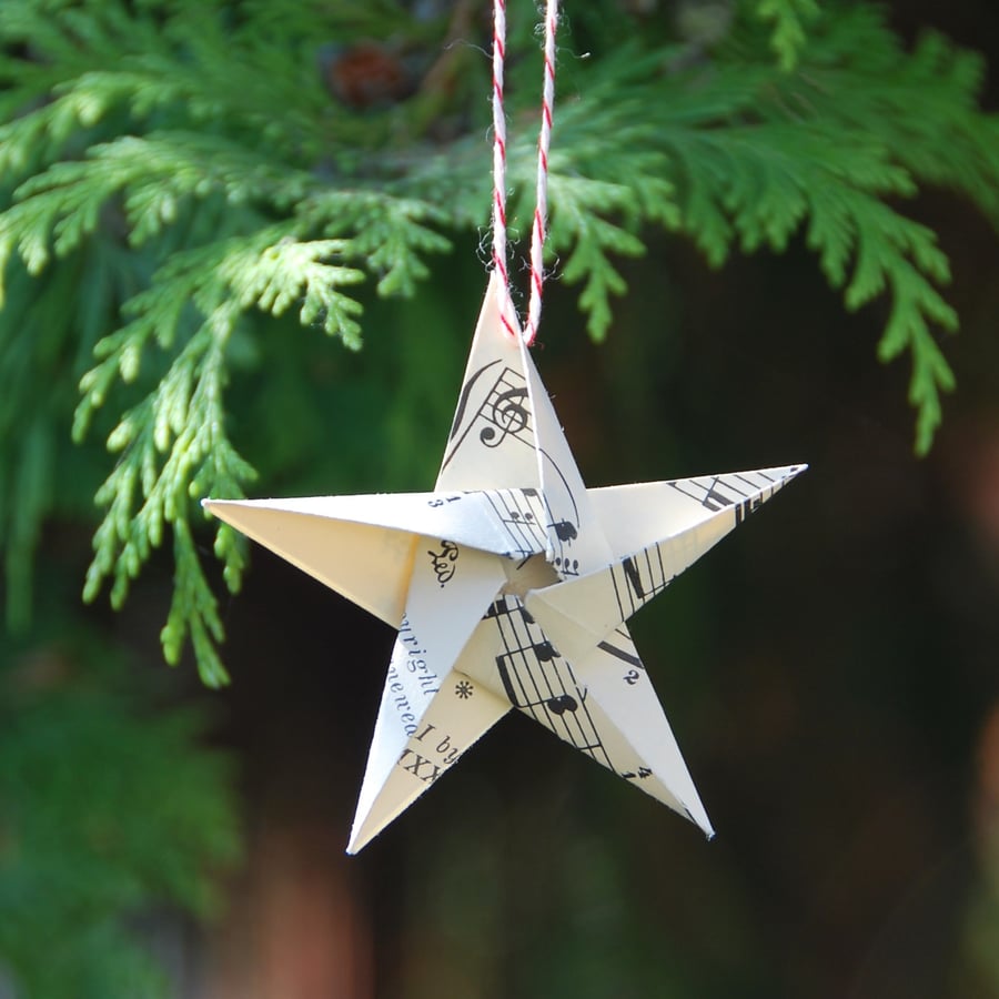 Christmas decorations Origami stars made from vintage sheet music, box of 5 