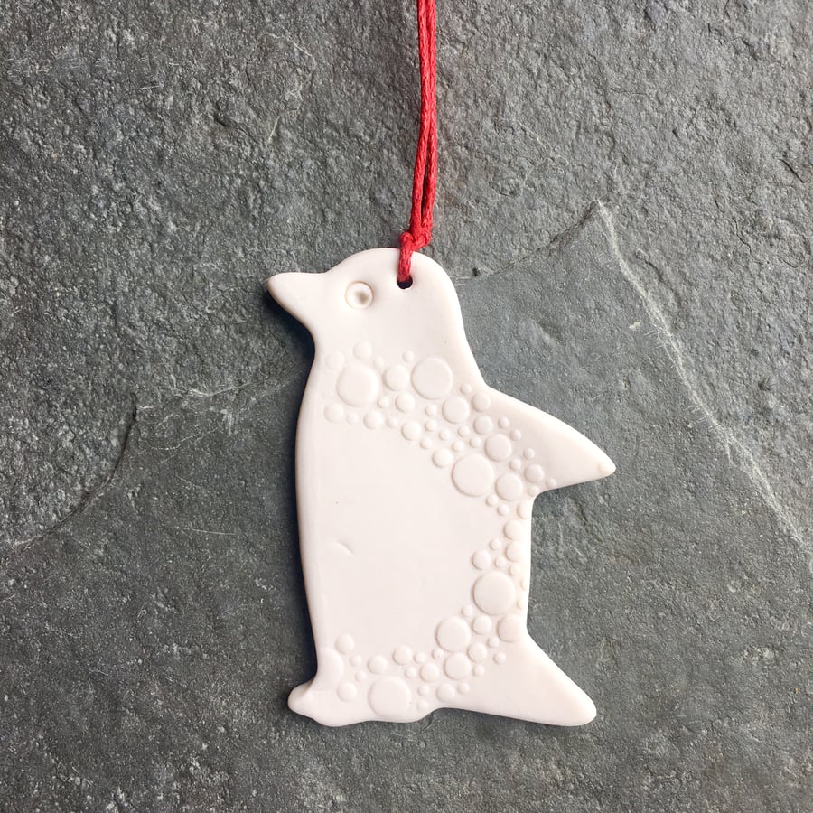 Scandi Penguin, hygge hanging decoration, white, The Porcelain Menagerie