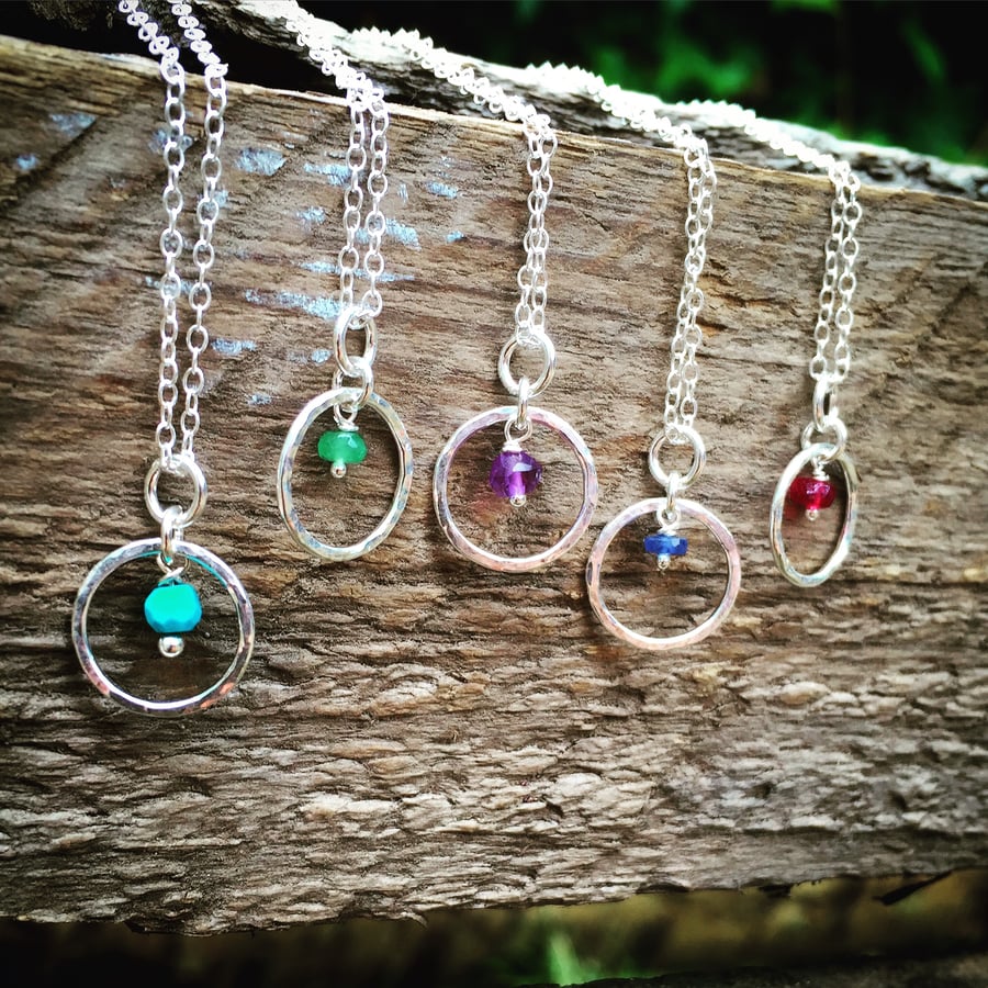 Sterling Silver Circle Necklace - Birthstone Necklace