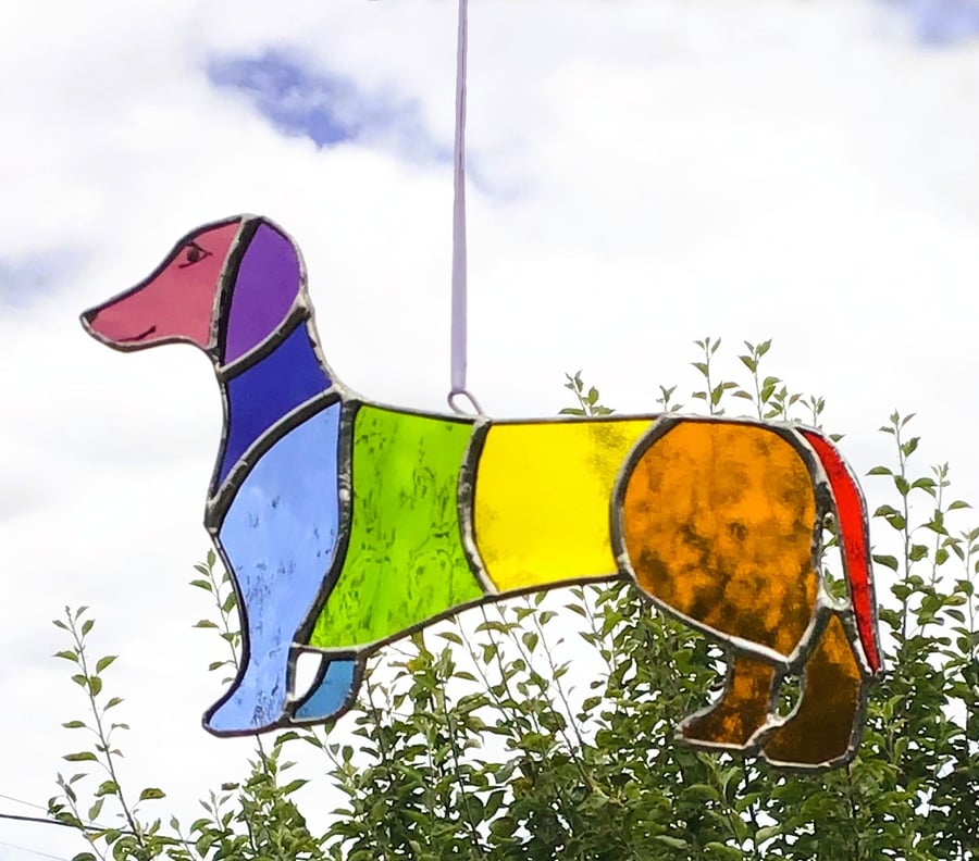 Stained Glass Rainbow Dachshund Hanging