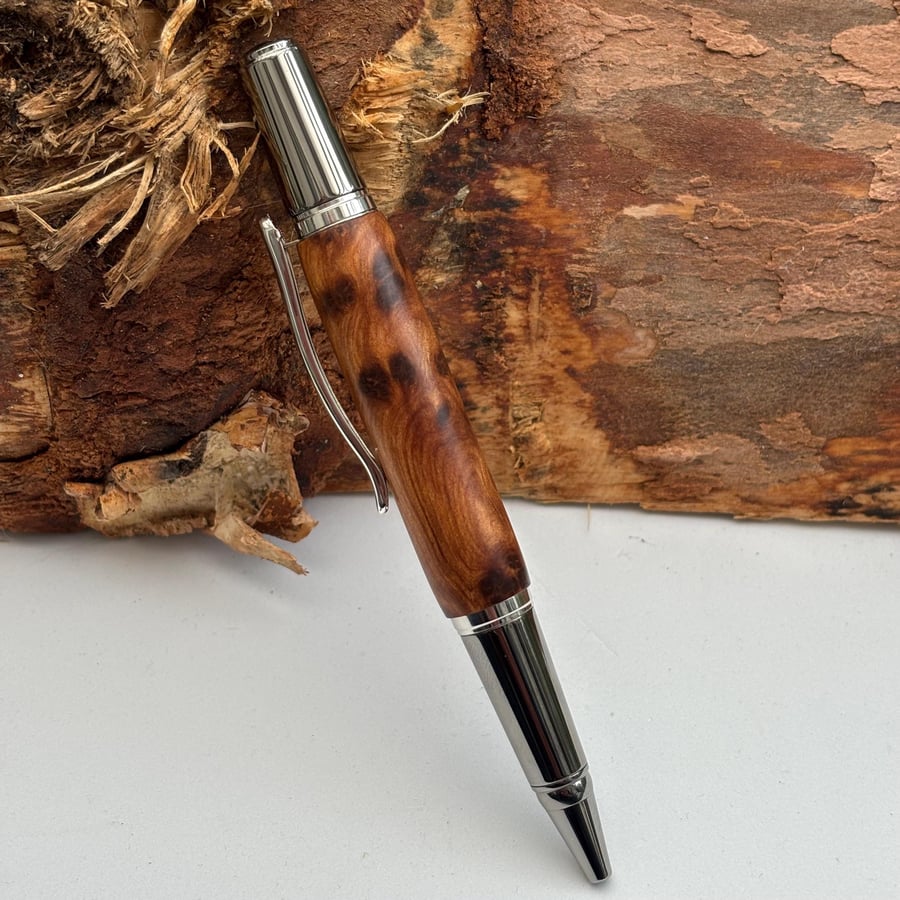Handmade Thuya Burr Ballpoint Pen Black Titanium with Rhodium Accents 