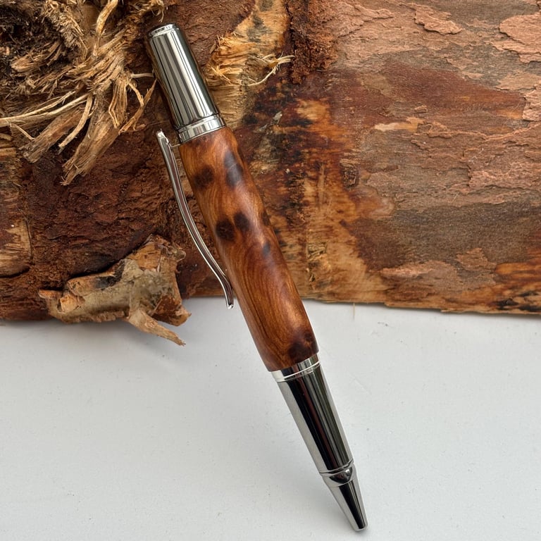 Handmade Thuya Burr Ballpoint Pen Black Titanium with Rhodium Accents 