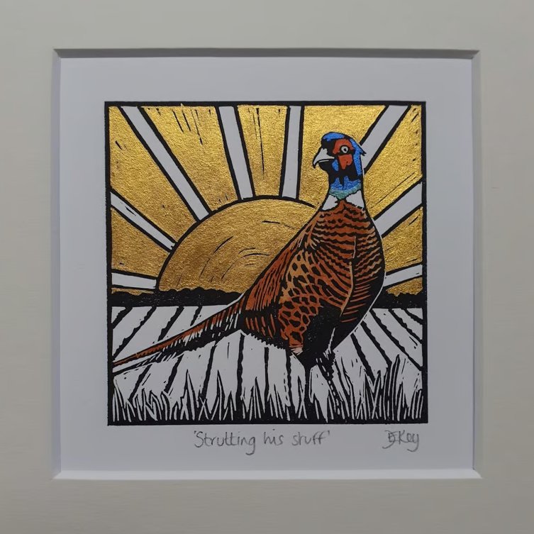 Strutting his stuff - original, hand painted, mounted lino print of a pheasant