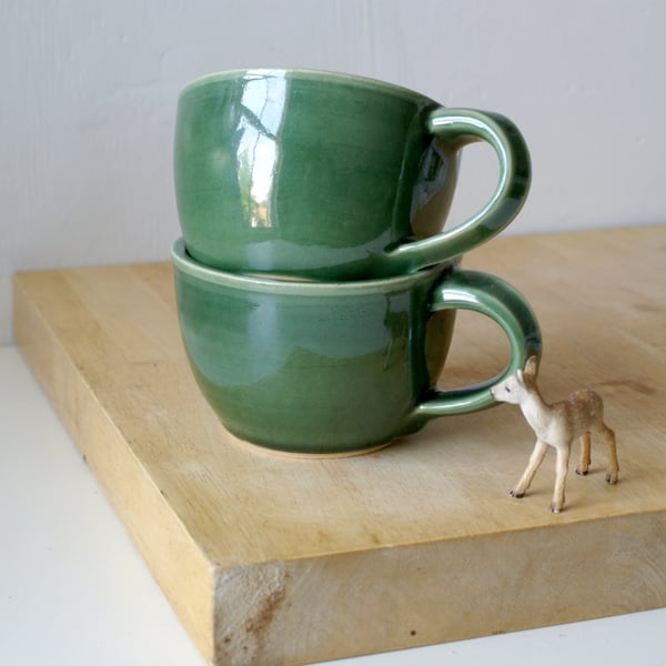 Sale - Hand thrown stoneware cappuccino cups a set of two glazed in forest green