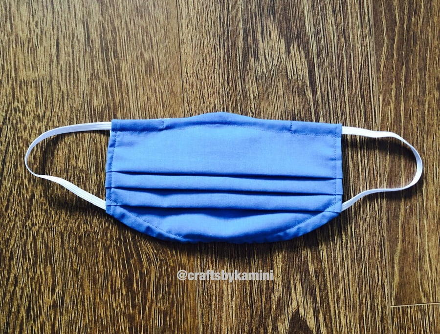 Blue washable face covering with nose wire and filter pocket (postage included)