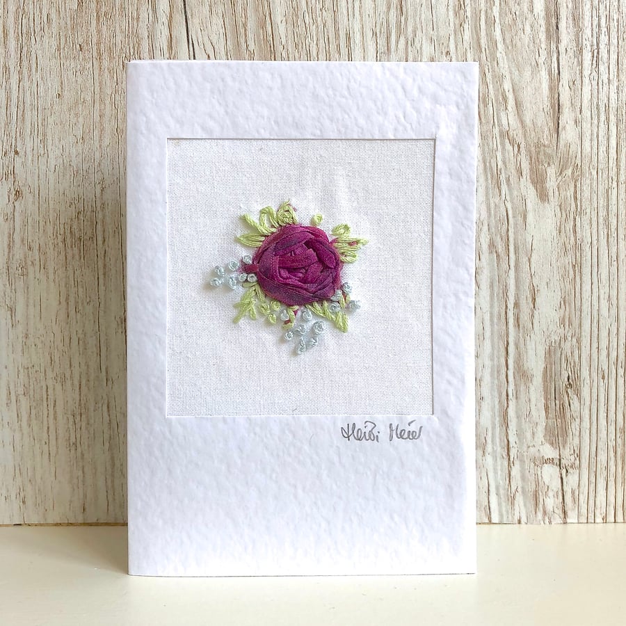 Greetings card - textile floral flower rose - Birthday, Valentine, Anniversary