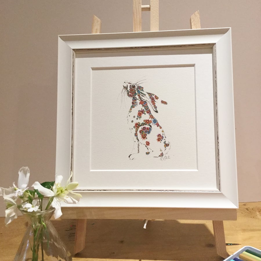 Small Framed floral hare  