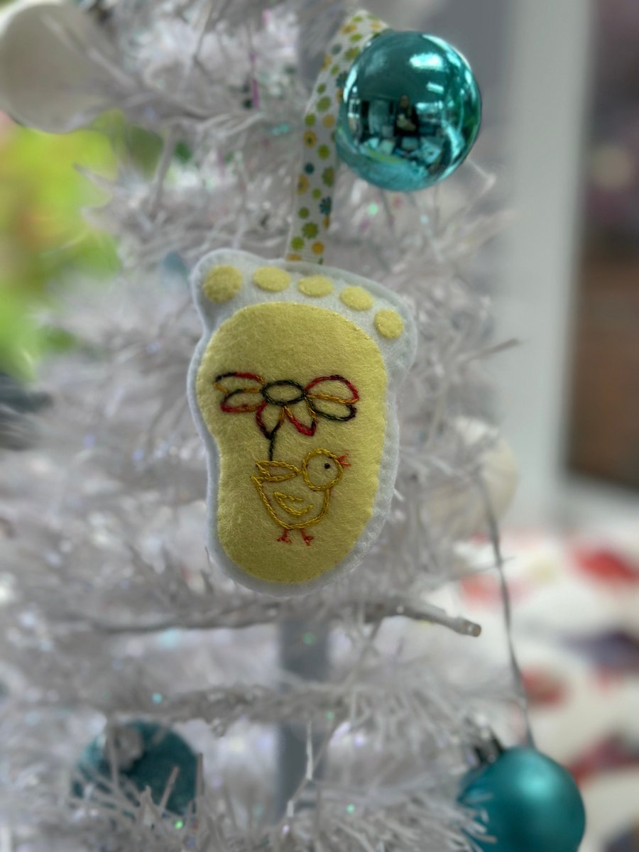 Hand embroidered new baby footprint, hanging ornament for the nursery or tree 