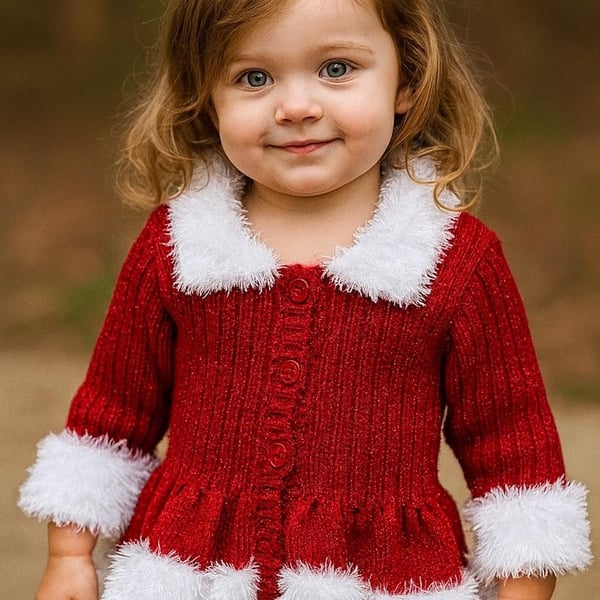 Girls' Hand-Knitted Sparkly Red Christmas Cardigan with Fluffy Trim, 2-4 Years 