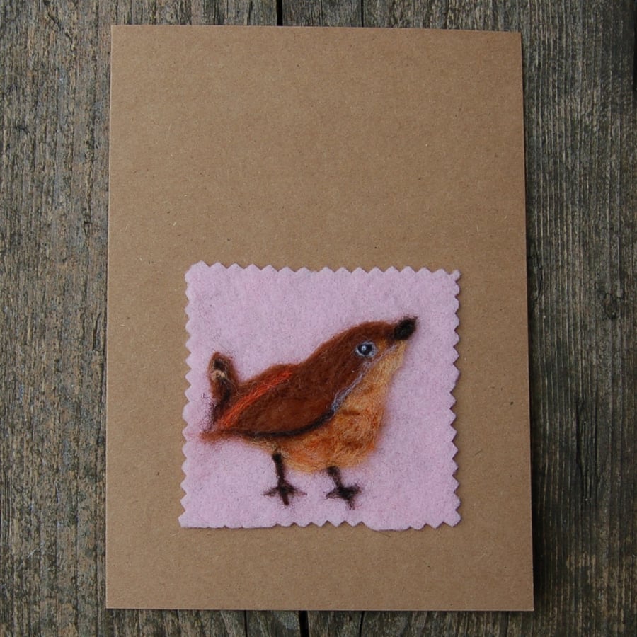 Wren Handmade Blank Greetings card,  Needlefelt card, wool painting