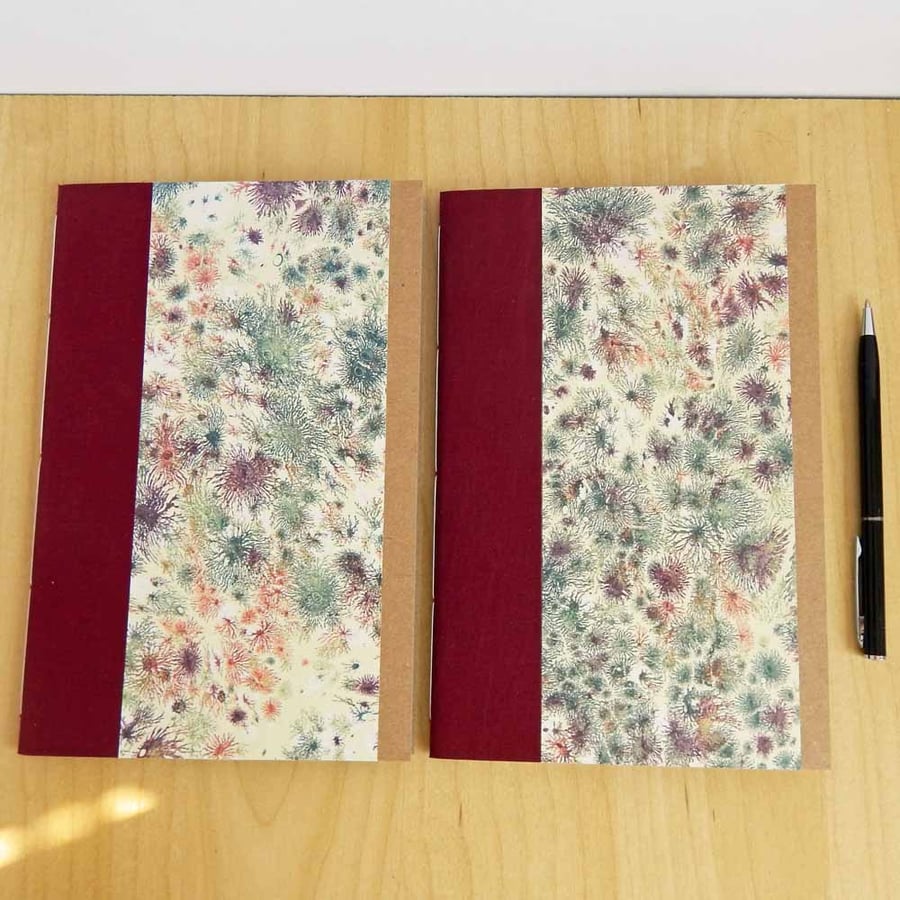 A5 Notebook set, Coral Marbled paper. Two A5 notebooks, lined, dotted grid.  