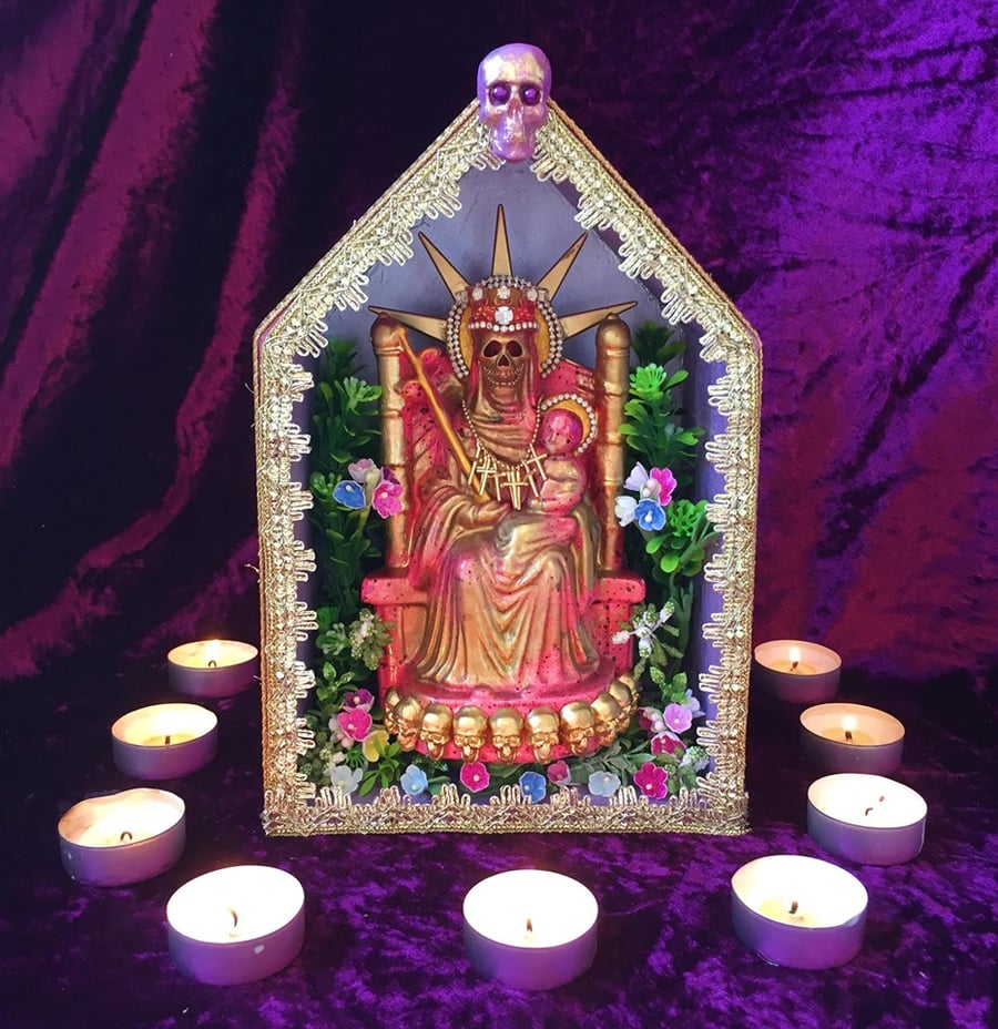 Purple Folk Art Queen Of The Dead Santa Muerte Wall Altar Shrine 