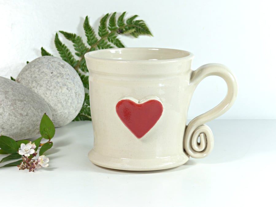 Big Red Heart Mug -  White Cream, Ceramic Pottery Handmade Stoneware UK 
