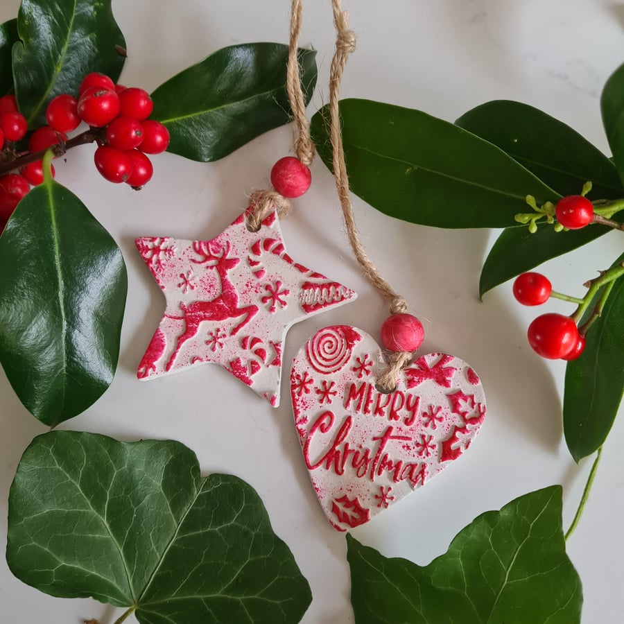 2 clay christmas decorations red embossed design gift idea