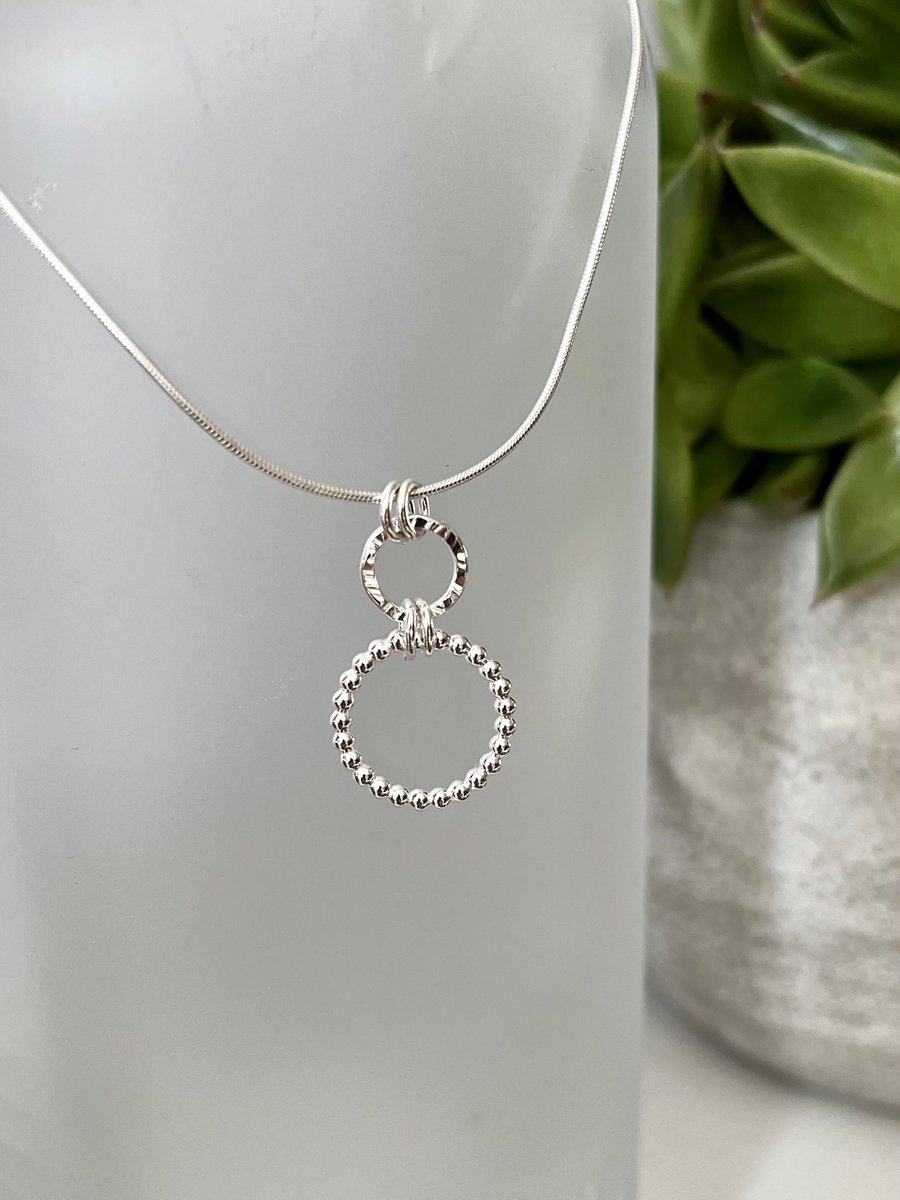 Double Sterling Silver Hammered and Bead Wire Circle Pendant Necklace