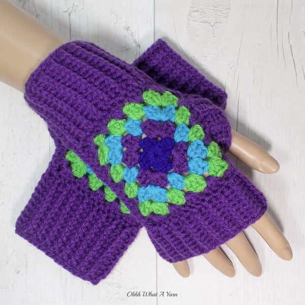 Purple peacock colours granny square crochet gloves, finger less gloves.  