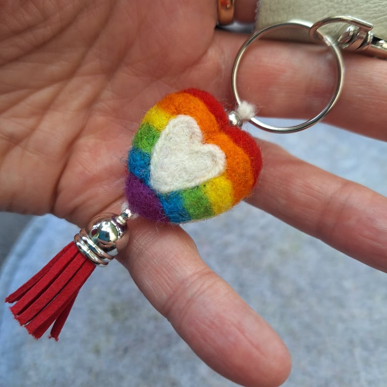 Needle Felted Pride LGBT Rainbow Heart Keychain (Keyring) with Tassel