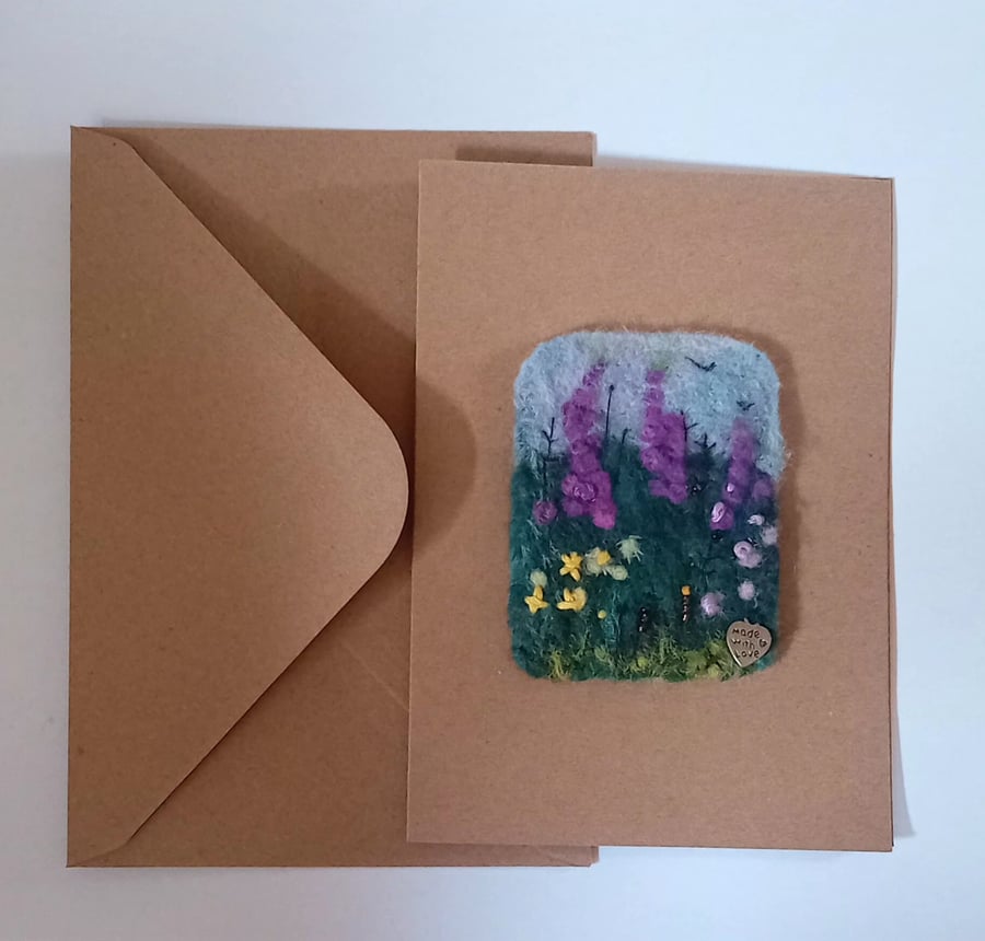 ,FOXGLOVE MEADOW, handmade, original, needle felted A6 blank greetings card 