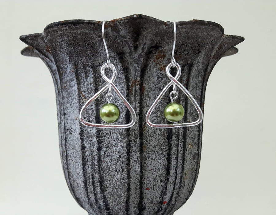 Sterling Silver Triangle Drop Earrings with Light Green Swarovski Pearl 