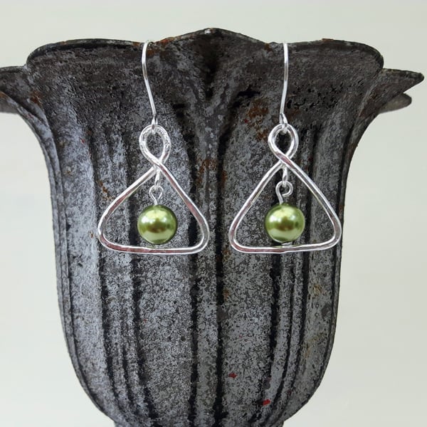 Sterling Silver Triangle Drop Earrings with Light Green Swarovski Pearl 