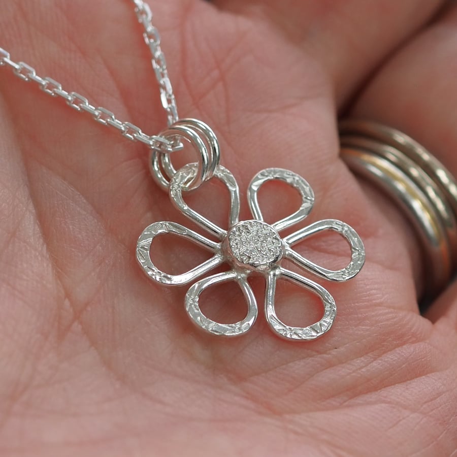 Recycled silver daisy pendant necklace, silver flower jewellery