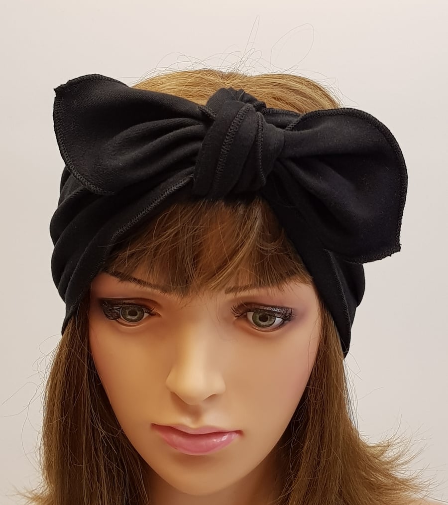 Black extra wide hair scarf self tie head scarf rockabily headband hair wrap