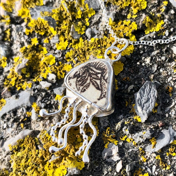 Patterned Sea Pottery and Sterling Silver Jelly Fish Pendant - 1301