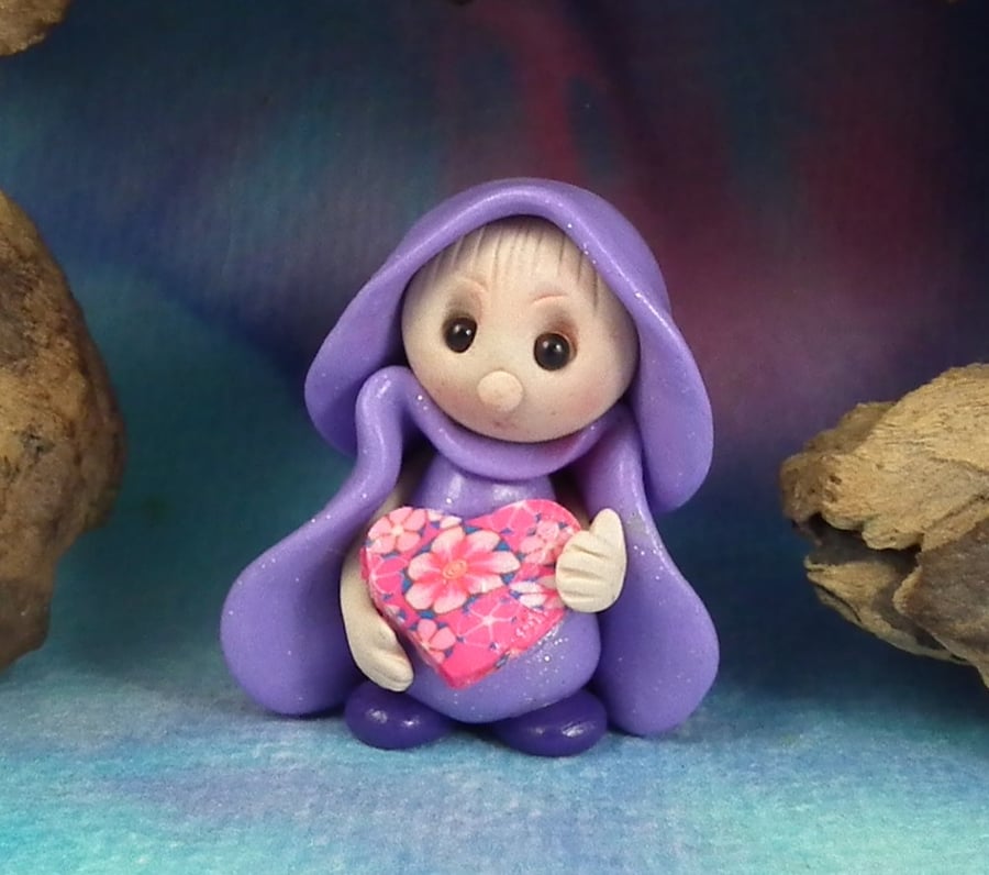 Sale Tiny Valentine Gnome 'Valeri' with heart 1.5" OOAK Sculpt by Ann Galvin
