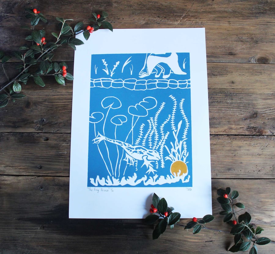 The frog prince A3 lino print